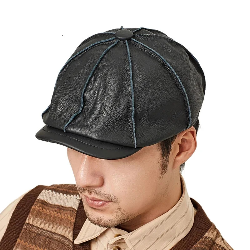 Casquette Genuine Leather Beret Hat Winter Mens Cowhide Leather Elegant Fashion Student Tongue Cap Caps For Driver 251104