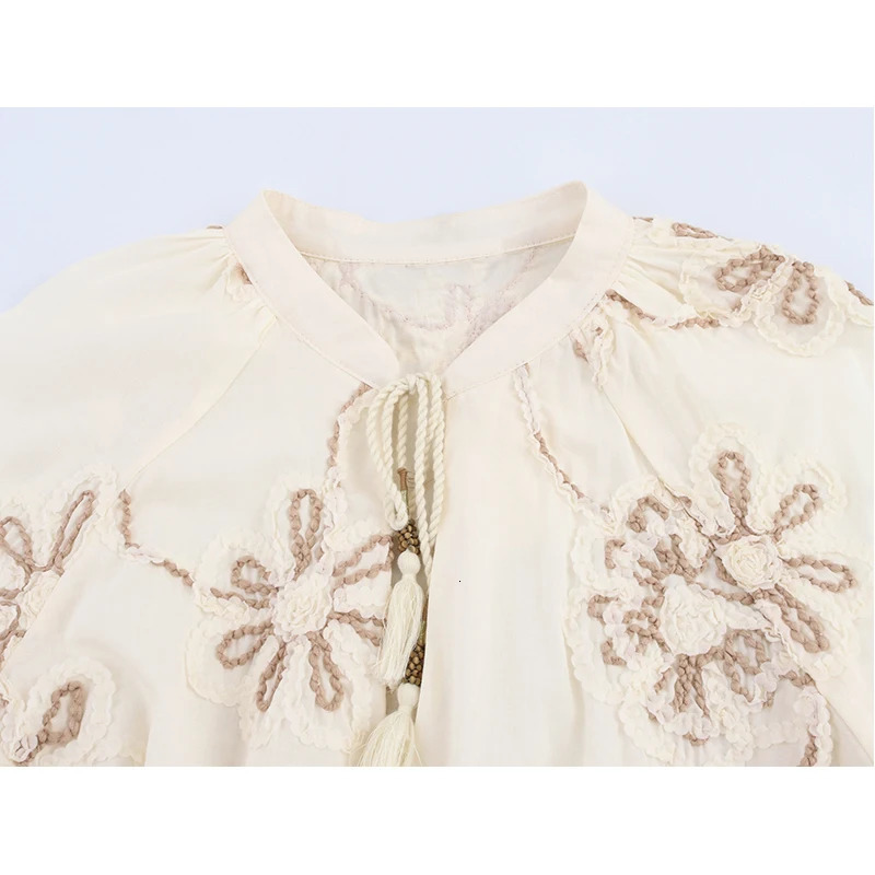 YENKYE Womens Spring Flower Embroidered Shirt Long Sleeve V-neck Casual Loose Top Street Clothing Blusas Mujer 250402