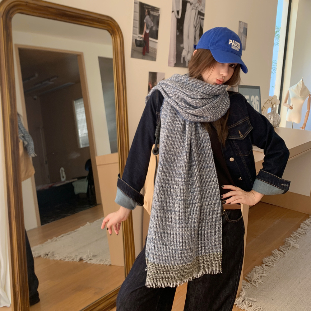 Korean Style Retro Coarse Plaid Scarf Charming Womens Autumn And Winter Warm Tassel Shawl Scarf Versatile Slimming Style Scarf