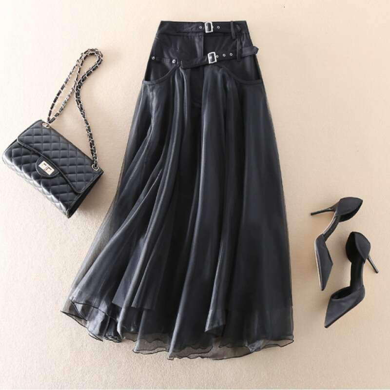 Spring Autumn Korean And Japanese Style New Patchwork Mesh High Waist Midi Slimming Mid-Length A-Line Flared Skirt B5