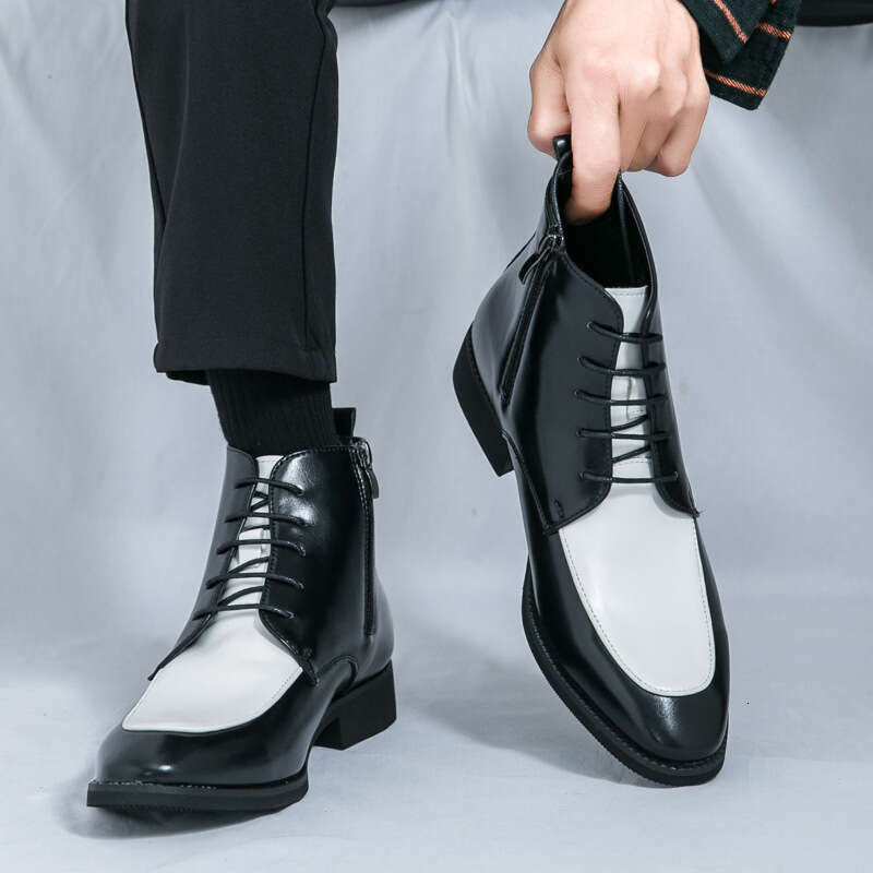 Large size color blocked zipper lace up business dress 2024 autumn/winter new fashionable high top leather boots