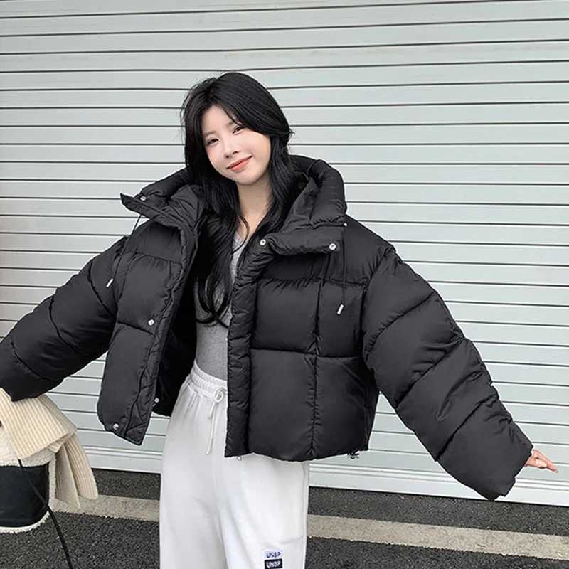 Women Winter Warm Puffy Coats Long Sleeve Casual Cropped Parkas Jacket Solid Hooded American Street Thick Outwear J251105