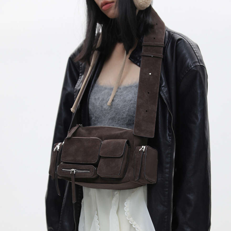 Women Spicy Motorcycle Retro Frosted Suede PU Handbag, Coffee Brown, Large Capacity Multi Pocket Shoulder With Adjustable Strap, Ideal For Work