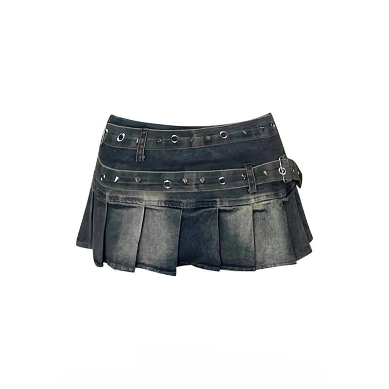 American millennial large-sized washed heavy-duty double belt denim pleated leather womens fashion 250402