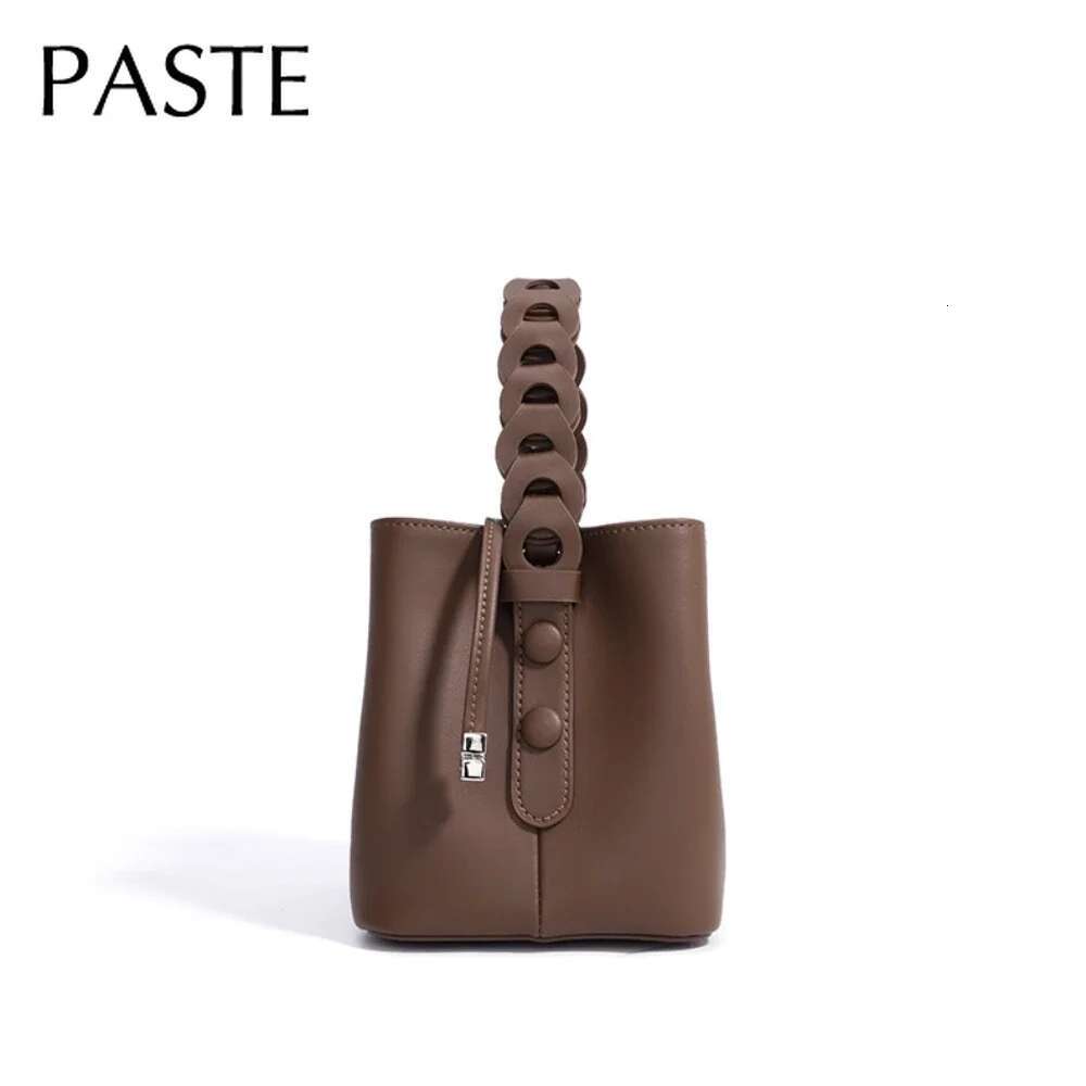 Handmade Woven Handle Small Bucket Tote Olive Green Pink Color Glossy Split Cow Leather Women Shoulder Bag String Close Purse
