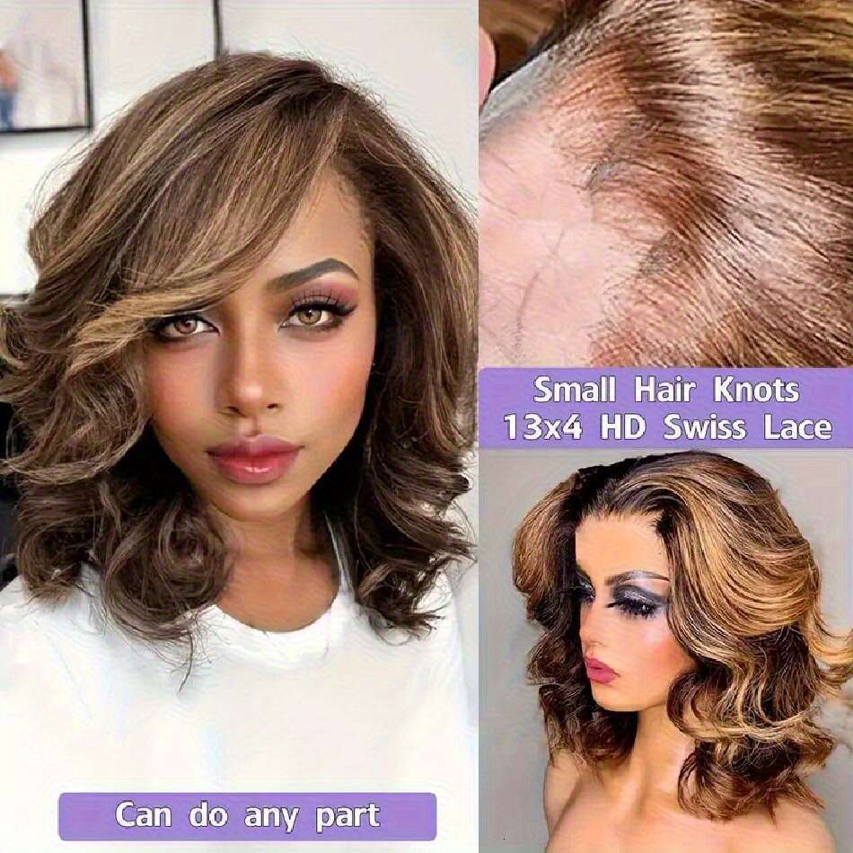 Women's Body Wave Human Ombre Blonde Highlights Light Brown To Platinum - 13X4 HD Glueless Lace Front, Pre-Plucked With Baby Hair Bleached Knots,