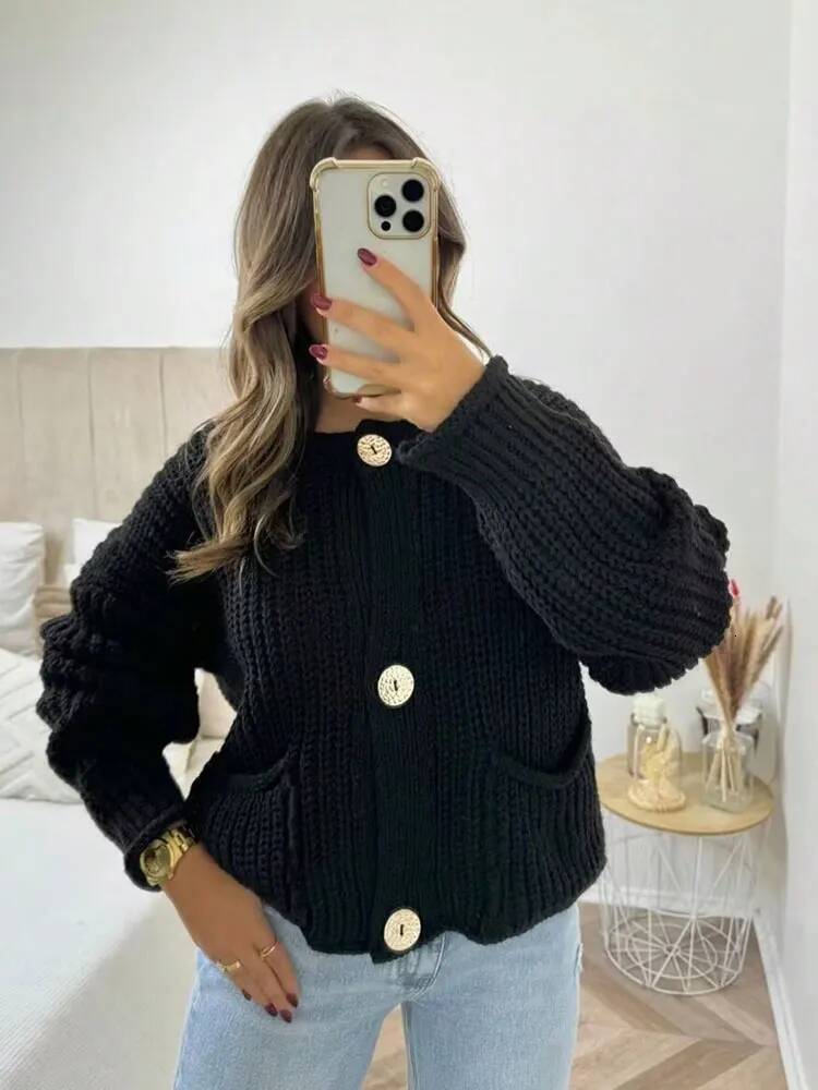 winter jacket women HH Women Vintage Solid Sweater O Neck Long Sleeve Metal Button Knitted Cardigan Autumn Female Fashion High Street Top Coat