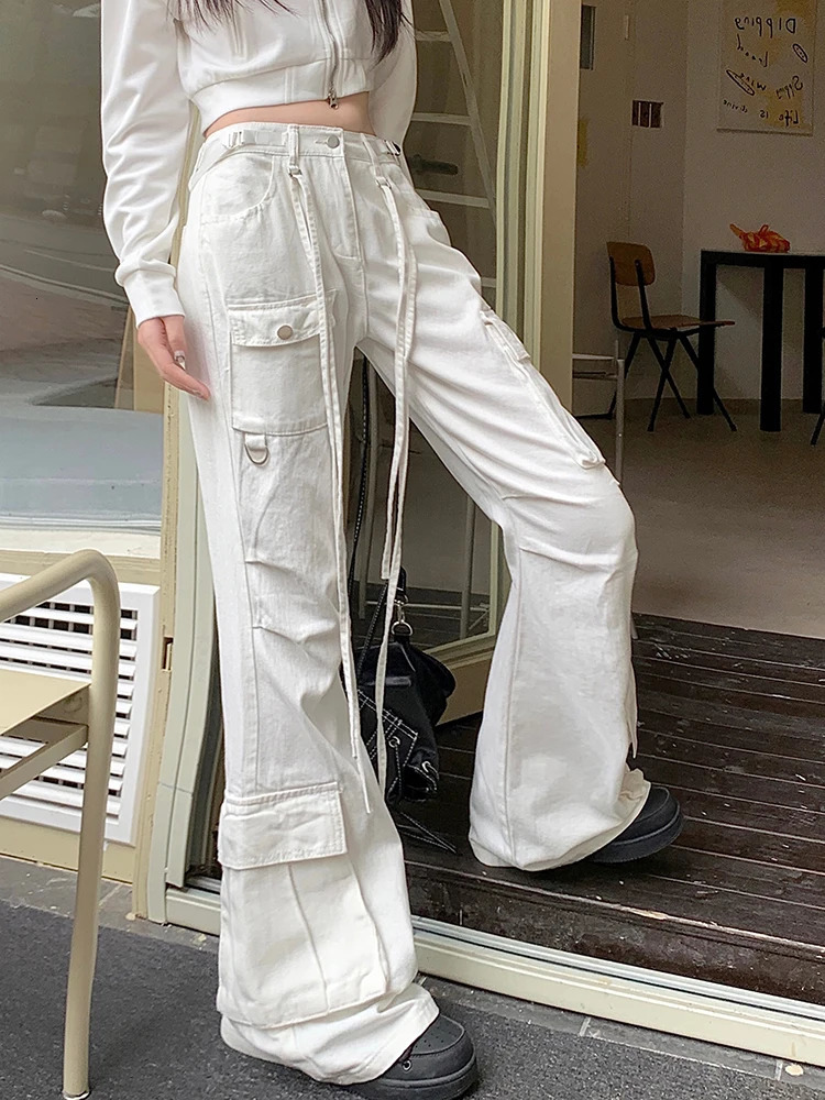 Womens retro Flares low waisted cargo pants with pockets floor length drawstring jeans style 250403