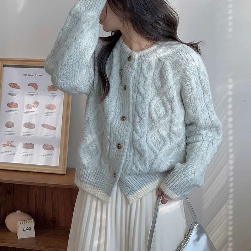 Milky Blue Short Top Braided Knit Cardigan For Women Early Spring And Autumn Soft Lazy Style Sweater Coat B5