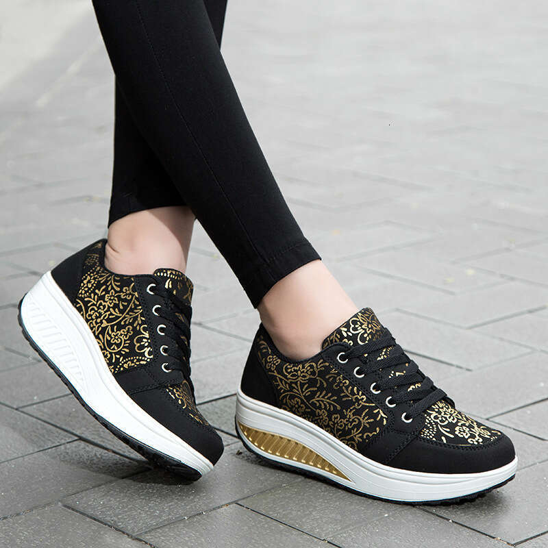 Spring round toe women's front lace up adhesive black low cut sports textile category shoes, wedge heel shoes for women