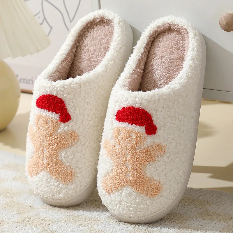 Cute Christmas Elk Slippers for Women Fun Santa Elk Gingerbread Men Cartoon Soft Plush Warm Adults Slides 251031