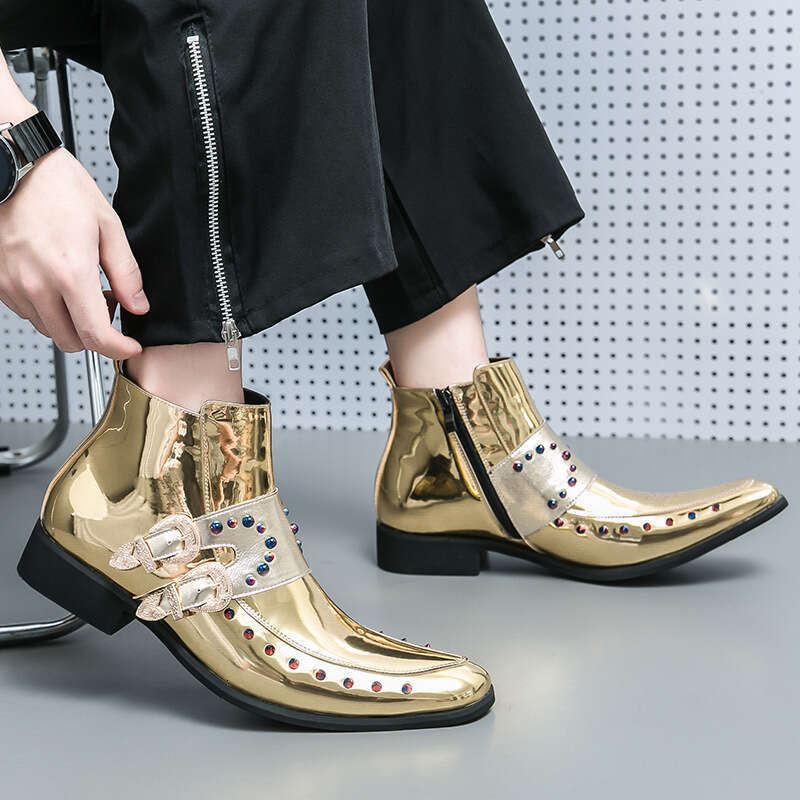 Large size Chelsea gold high top formal men's 37-46 leather shoes business British pointed short boots