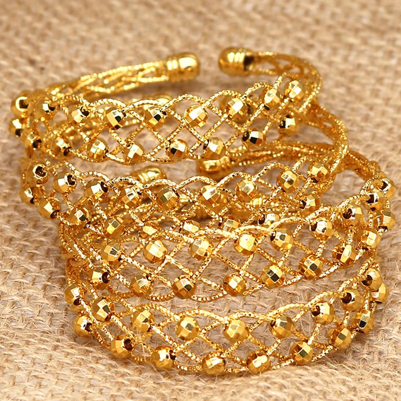 24K Copper 4pcs Ethnic Bead Gold Color Saudi Bangles For Girls Bracelet Women Girl Africa Bangles Wedding jewelry 251031