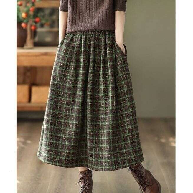 Autumn Winter Plaid Woolen A-Line Elastic Waist Midi Skirt For Women B5