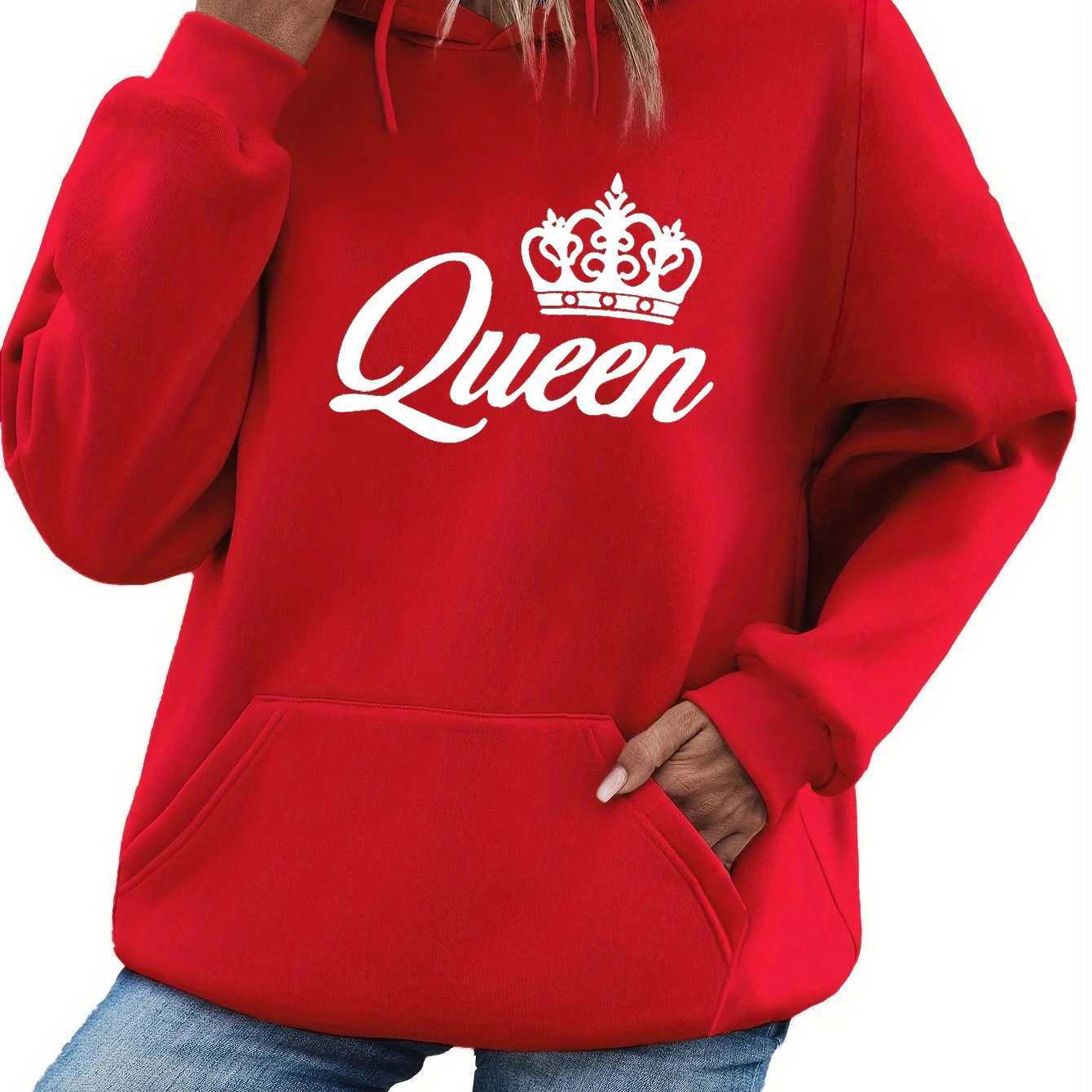 Womens autumn and winter fashionable casual loose Queen pattern printed round neck long sleeved drawstring hooded pulloverT251105