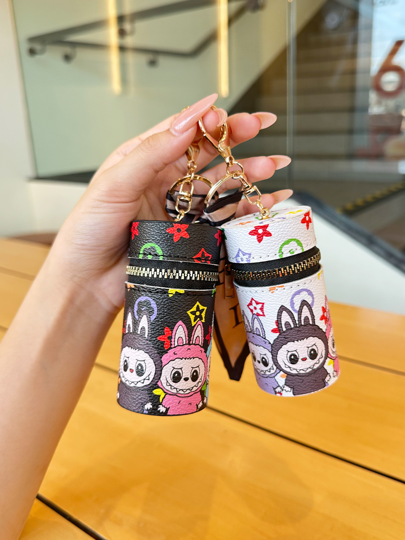 Free shipping designer keychains mini card leather change storage floral pendant keycard keybag Mini cylindrical makeup bag to carry with you