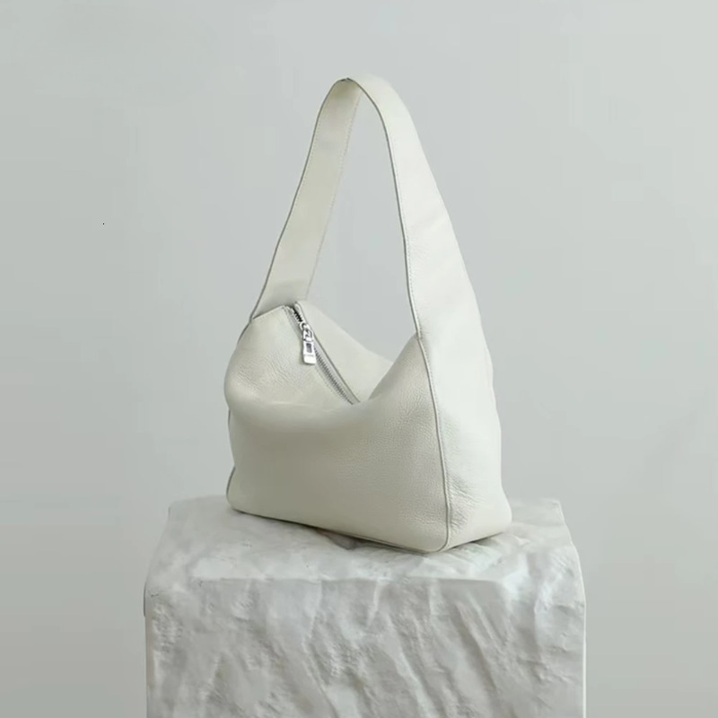 New Simple Soft Top Layer Calf Texture Single Women's Armpit Shoulder Bag Real Cow Leather Handbag Beige