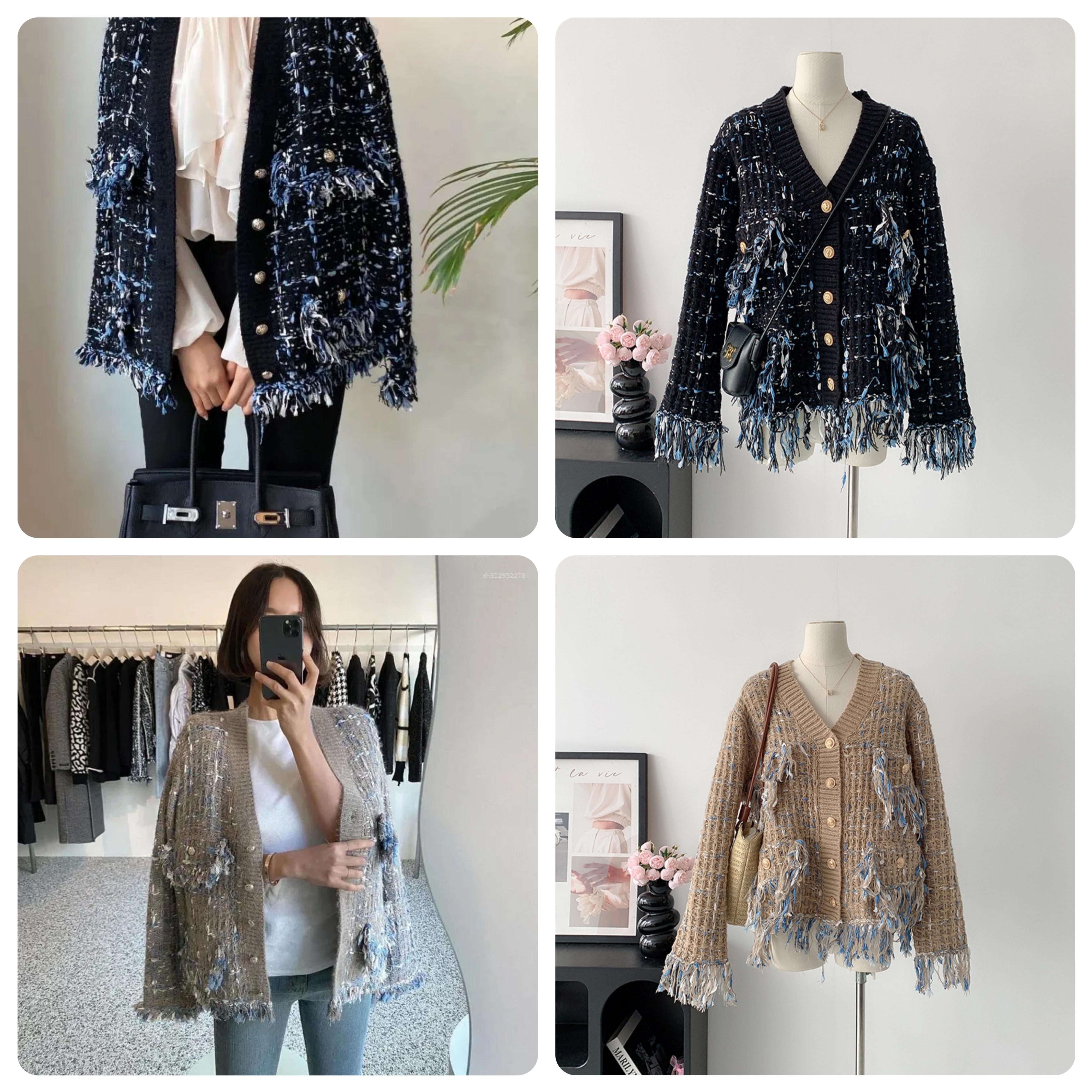 Designer Women's Jackets - Chanel-style Vintage Tassels Patchwork Jacket Contrast Color V-neck Single Breasted Loose Coat Female Casual Fashion T