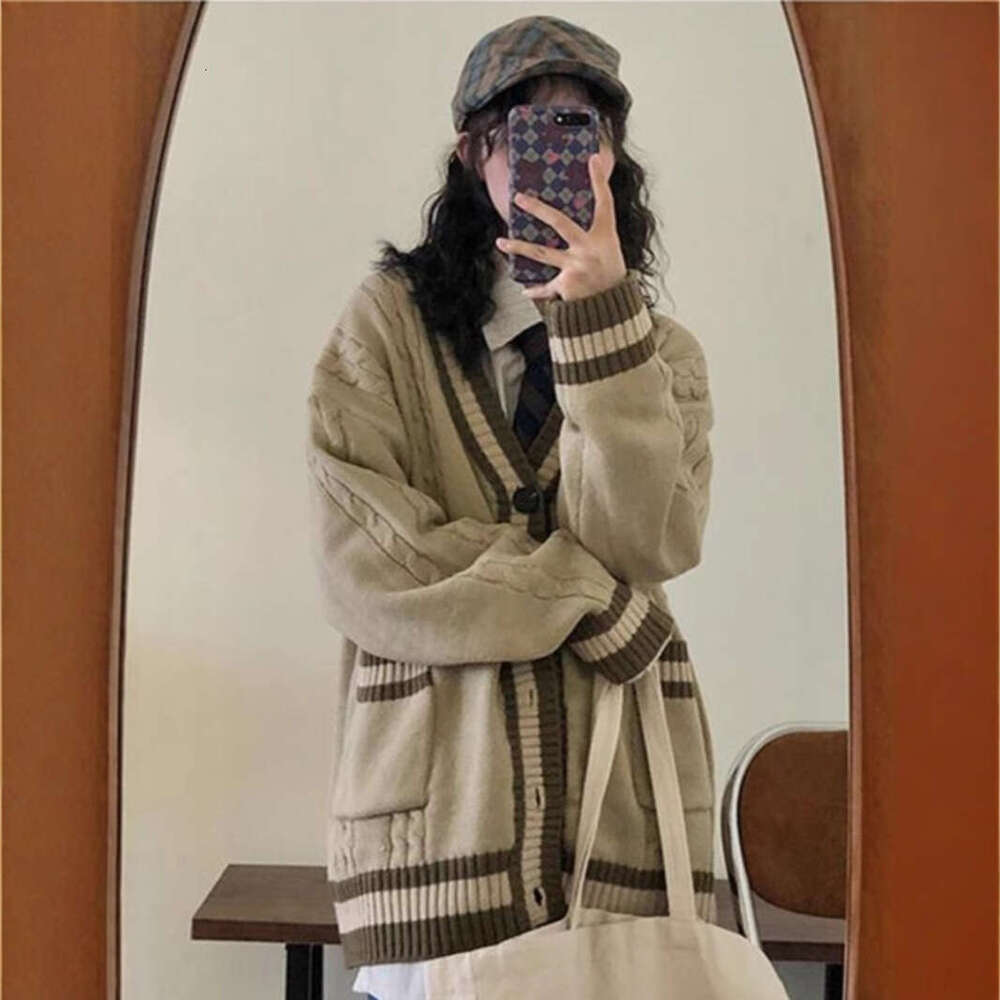 Spring Autumn New Color-Block Cardigan Sweater For Women And Men Japanese Retro Lazy Style BF Loose Warm Knitted Jacket B5