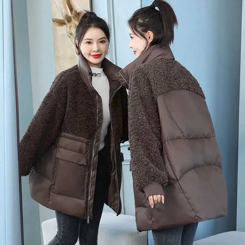 Down Jacket Womens Mid-Length 2025Winter New Cotton-Padded Coat Loose Outwear Lamb Fleece Thickened Jackets Female Overcoat TopT251105