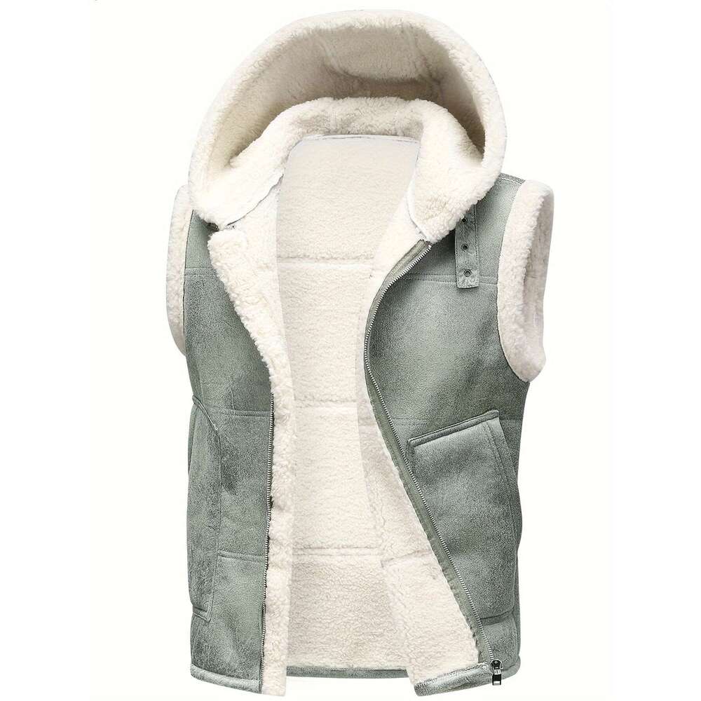 Warm Vest Warm Windproof Men's Fleece-Lined - Stylish Sleeveless With Zipper Pockets, Olive Green, Daily Comfort Vest Hooded Jacket | Functional 