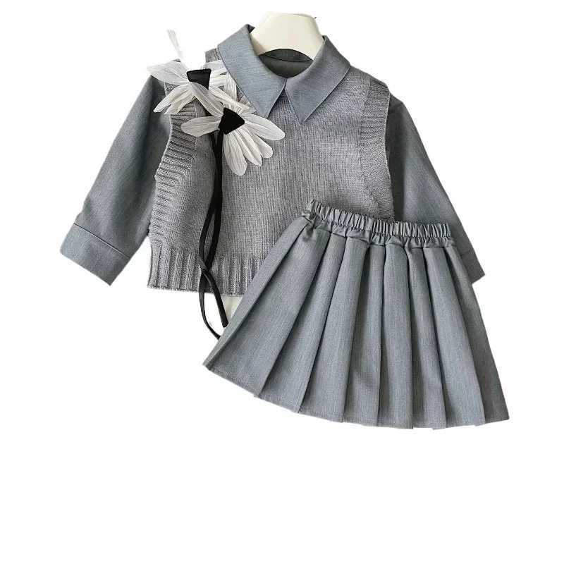 3Pcs Girls Clothing Sets Autumn Spring Knitted Sweater VestShirtsPleated Skirt Fashion Korean Children Princess Suits 2-7Yrs Y251105