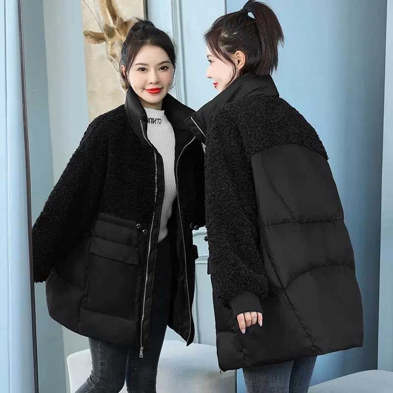 Down Jacket Womens Mid-Length 2025Winter New Cotton-Padded Coat Loose Outwear Lamb Fleece Thickened Jackets Female Overcoat TopT251105