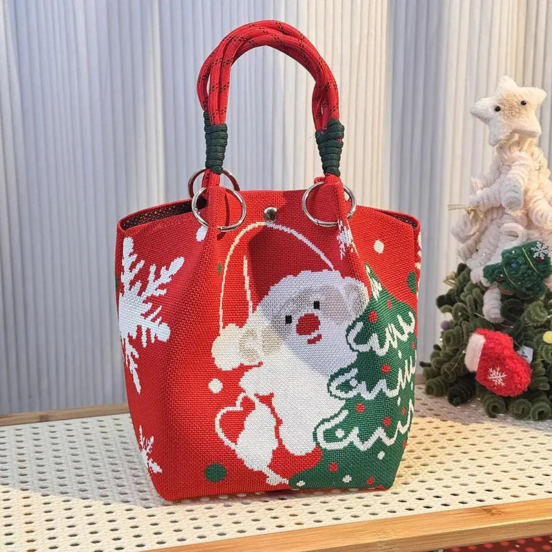 Cartoon Reindeer Santa Claus Knitted Bucket Bag For Women Fashion Large Capacity Portable Handbag Christmas Knitted Gift Bag 251104