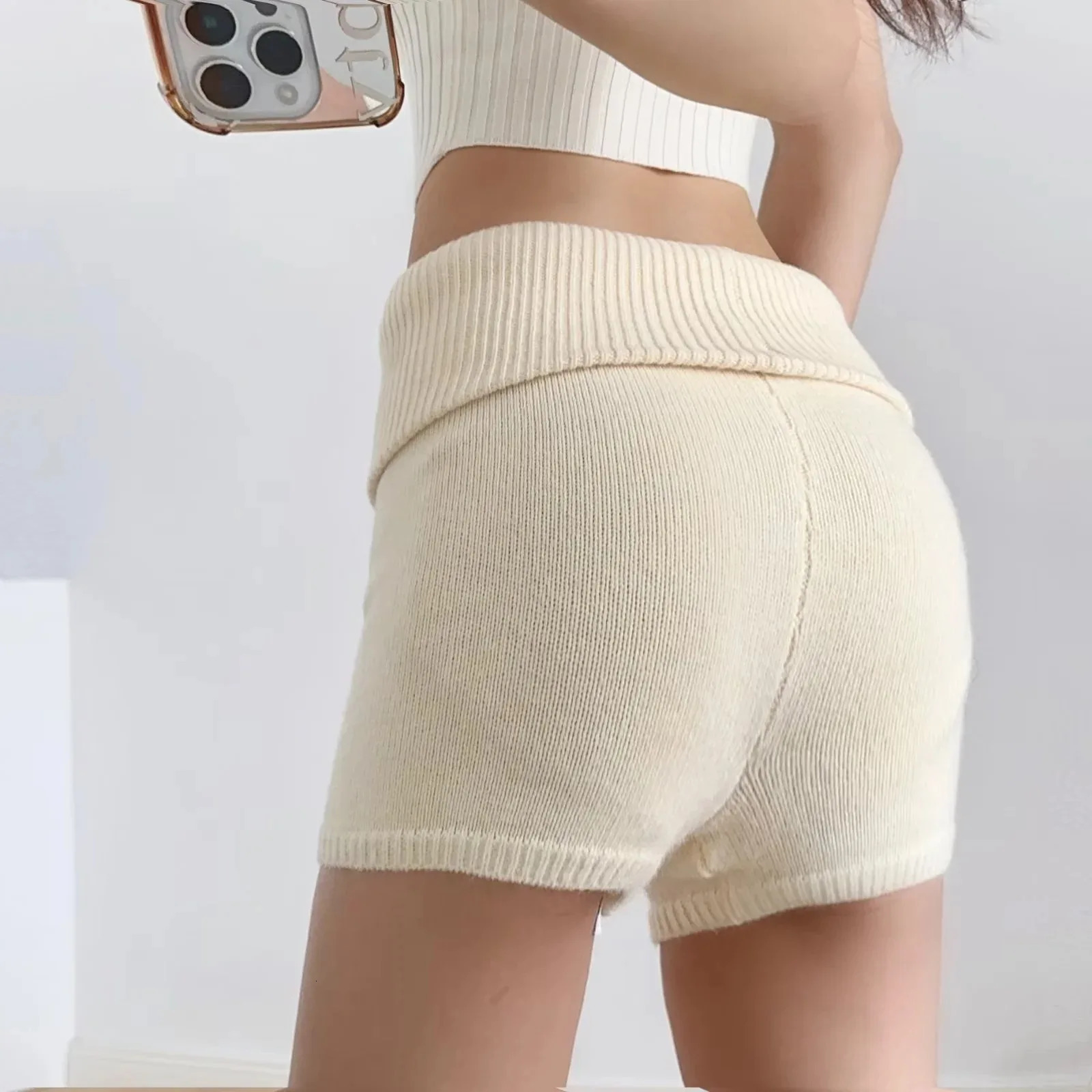 Sexy Womens Low Waist Knitted Shorts with Wrap Button Double Fold Tight Fit Ultra Thin Solid O3WG 250401