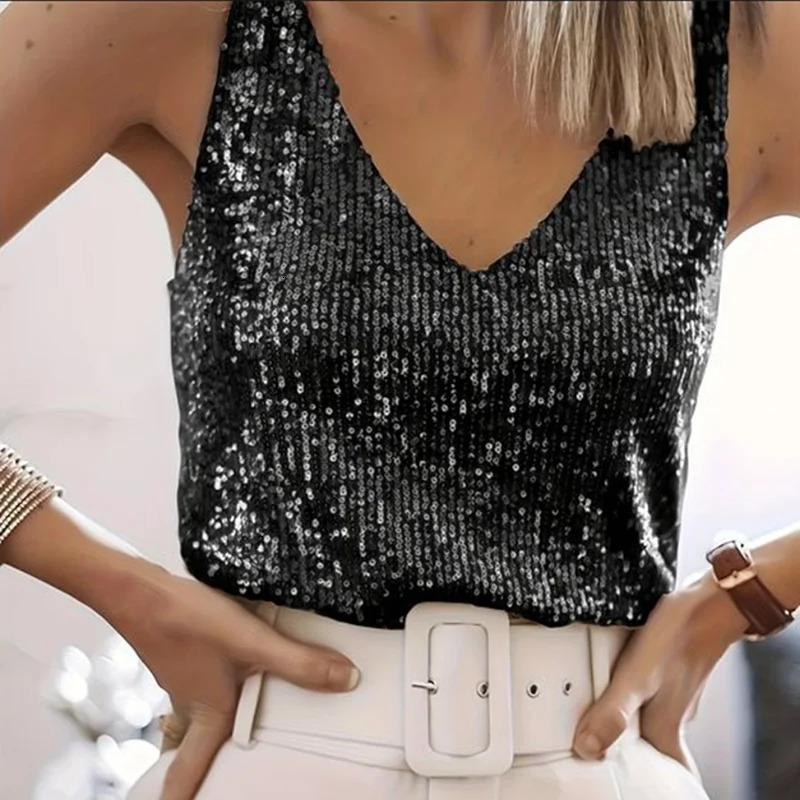 Womens sexy deep V-neck vest elegant sleeveless pull-out monochrome shiny sequins loose top fashionable summer 250403