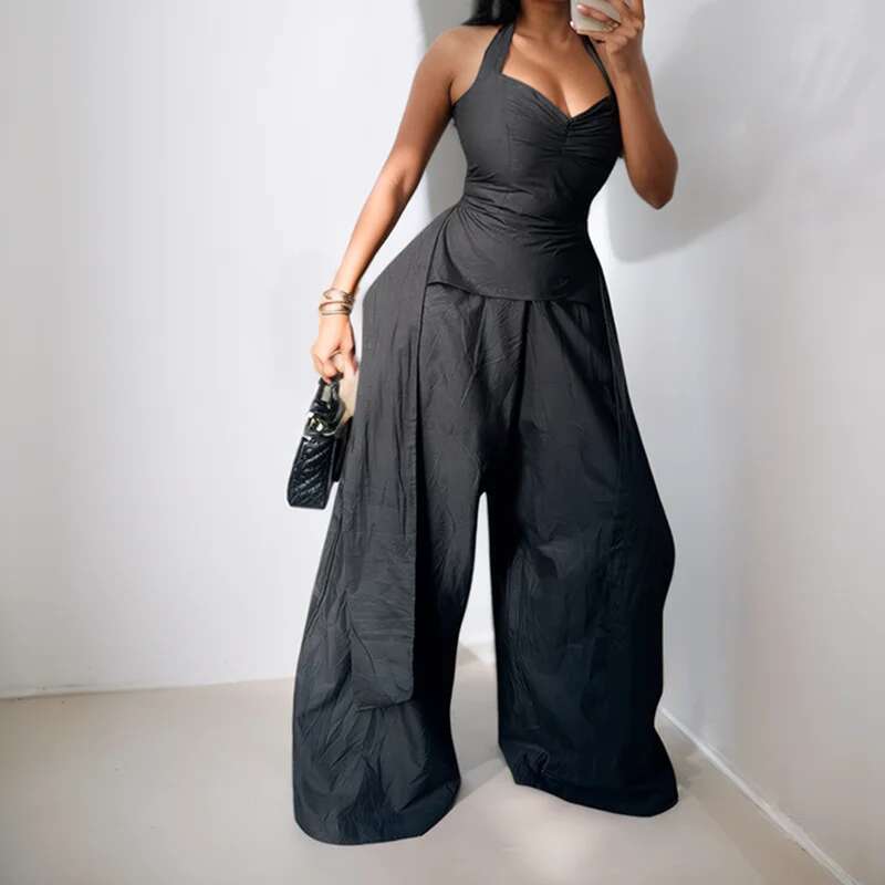 Fashion Two Piece Set For Women Trendy Halter V-Neck Irregular Tops Female High Waist Loose Trousers Spring New 33A3848