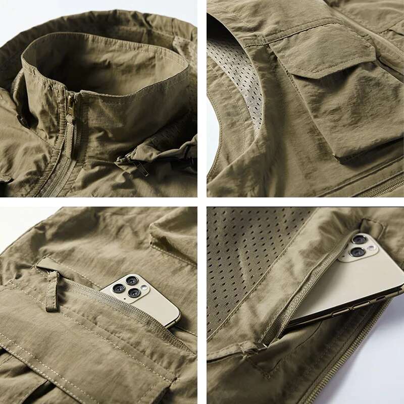 Spring New Outdoor Hooded Fishing Mens Solid Breathable Multi-Pocket High Quality Coat Detachable Hat Sports Vest Male