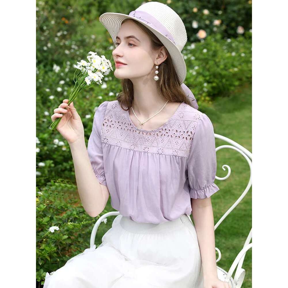 French Hollow Out Embroidery Ruffled Short Sleeve Women Shirts Summer New Temperament Retro Blouse