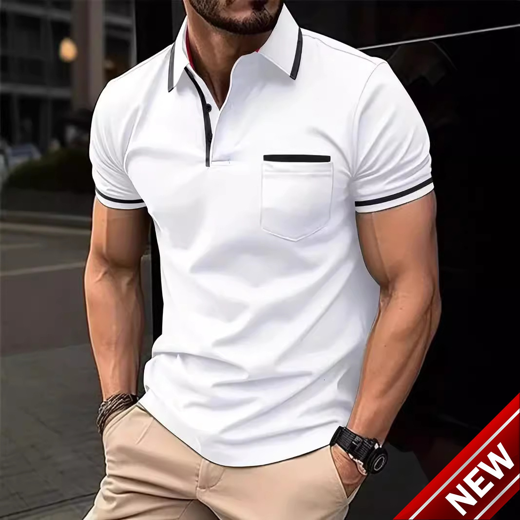 Spring mens printed casual fashion polyester short sleeved striped zipper polo shirt mens T-shirt