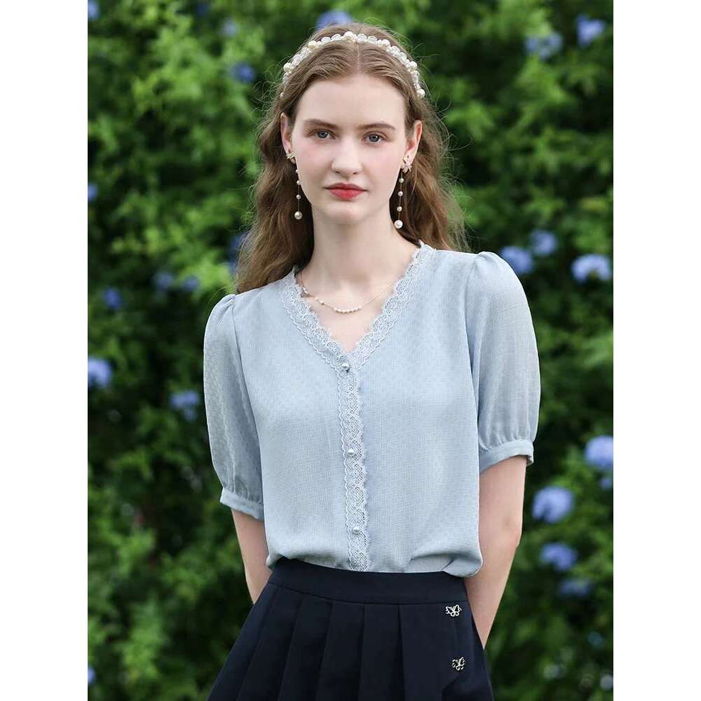 Chiffon Shirts For Women Summer Blue V-Neck Short-Sleeve New Temperament Classic Elegant Blouses