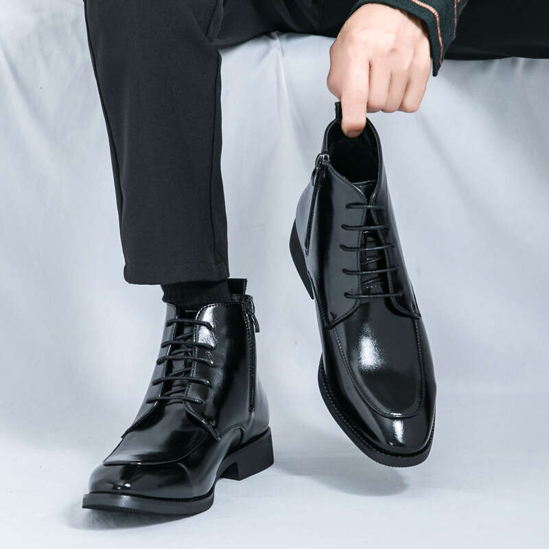 Large size color blocked zipper lace up business dress 2024 autumn/winter new fashionable high top leather boots
