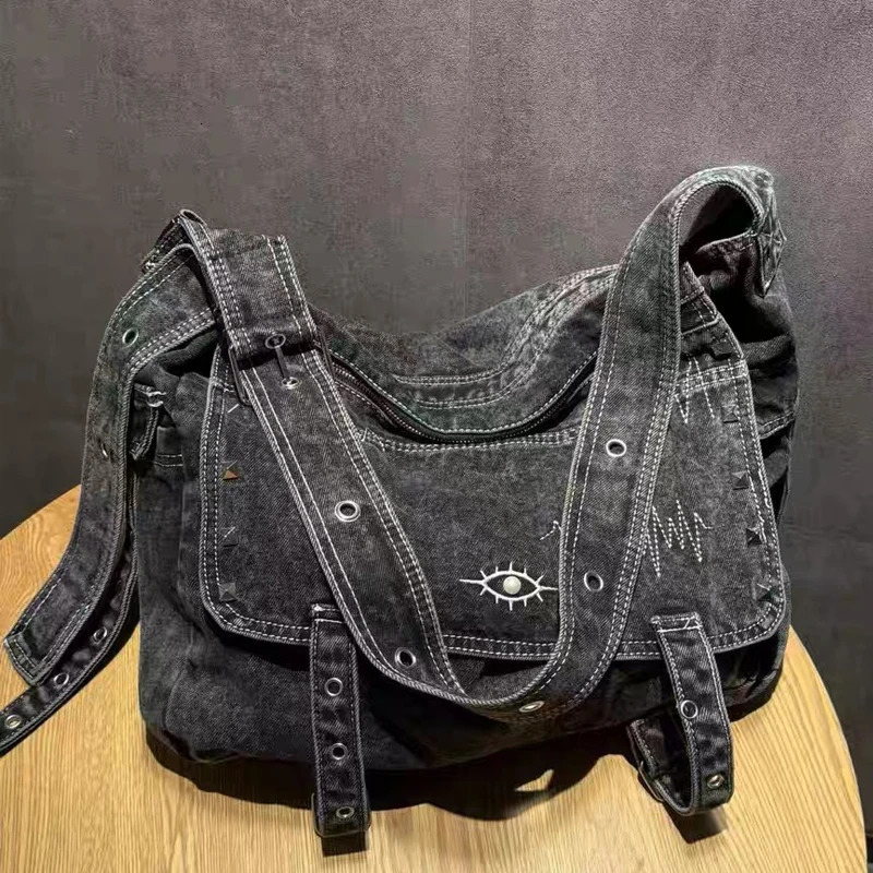 Denim Messenger Bags For Women Handbag Purse 2025 In Washing Process Embroidered Pattern With Rivet Shoulder y251104