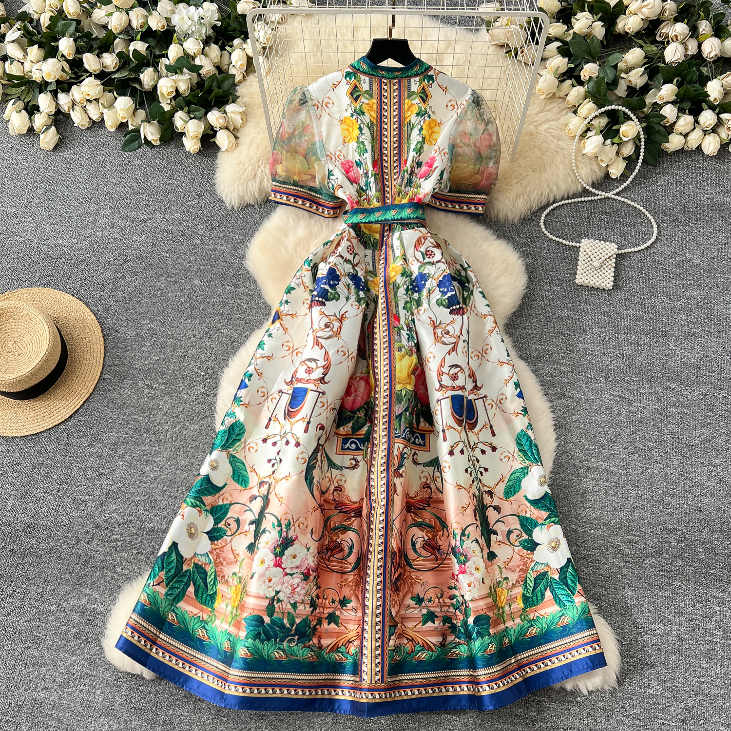 Casual Dresses Summer French Gorgeous Flower Holiday Long Dress Women's V-Neck Short Puff Sleeve Lace Up Vintage Maxi Robes Party Vestidos Clothe