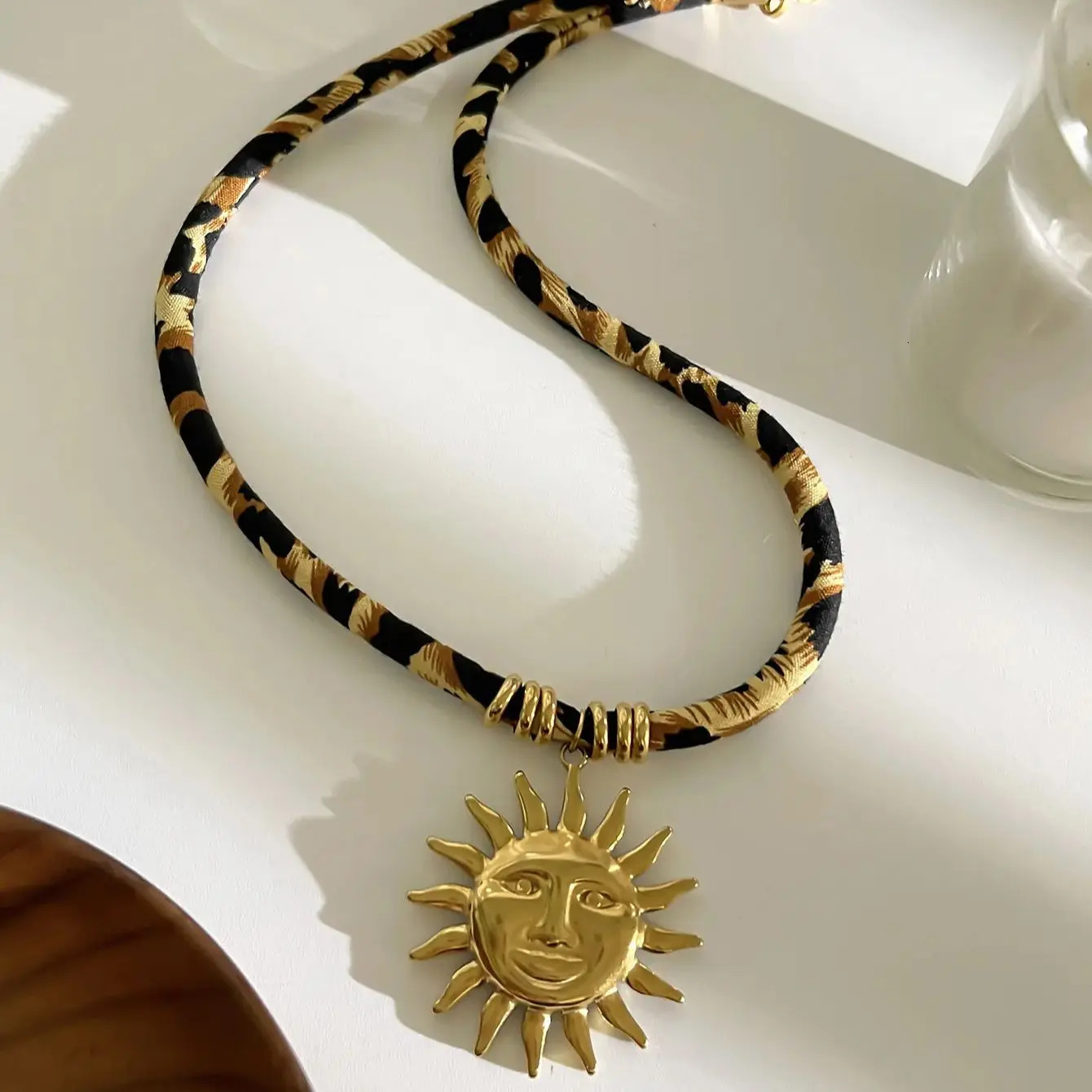 MHSSUN Stainless Steel Shell Fish Heart Sun Pendant Necklace Retro Leopard Rope Adjustable 45cm Chain Summer Beach Jewelry Gift 251031