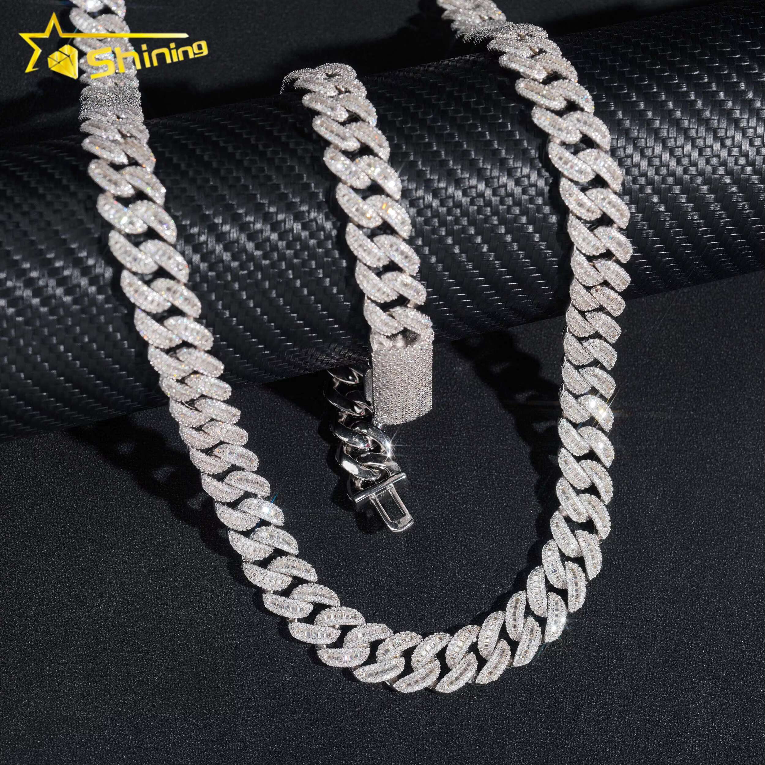 GRA Pass Diamond Tester Hip Hop Jewelry 925 Silver 12MM Width VVS Diamond Moissanite Iced Out Baguette Cuban Link Chain