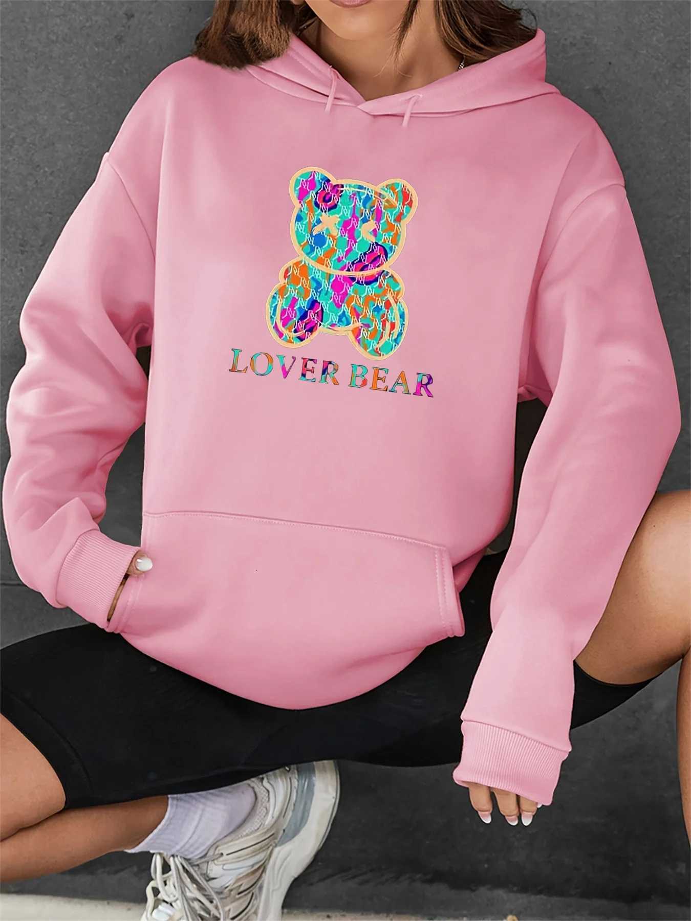 Womens autumn and winter warm loose casual cute bear pattern printed velvet long sleeved hooded sweatshirtT251105