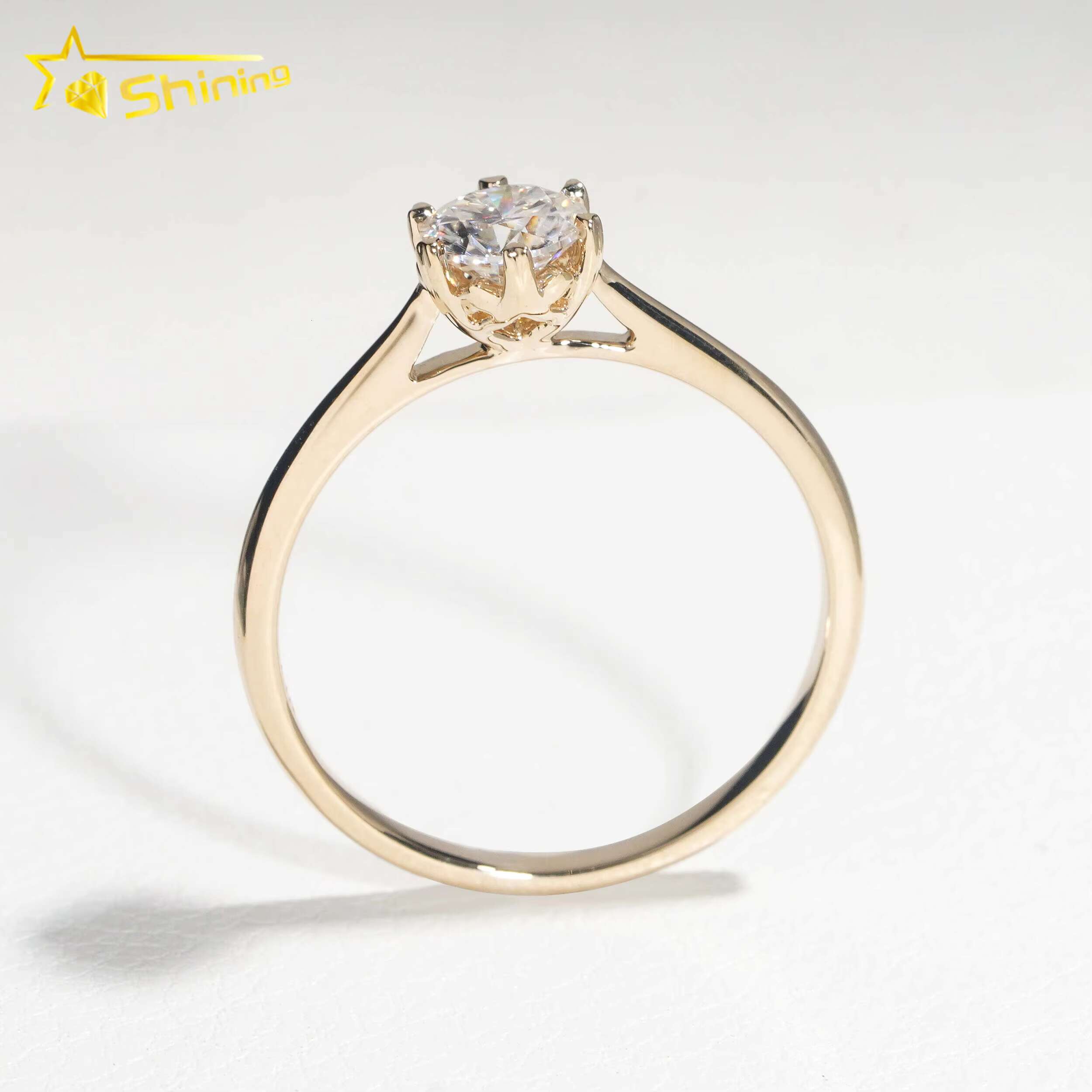 Lab Grown Diamond Engagement Rings 14K Solid Yellow Gold Diamonds Plain Band Classical 6prongs Design Wedding Ring