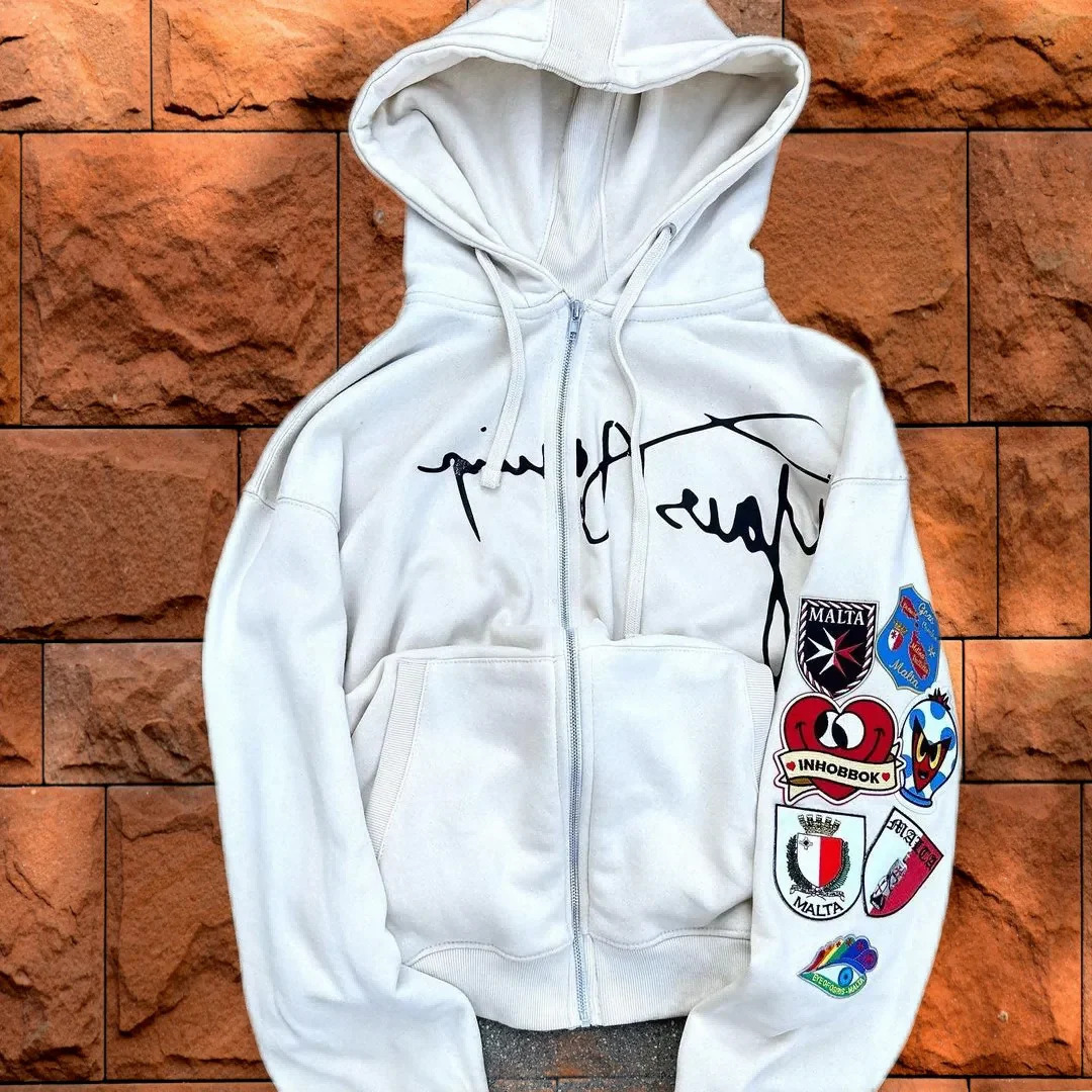 Street style hip-hop pink printed mens and womens sportswear with long sleeves Y2k top zipper hooded sweatshirt 250402