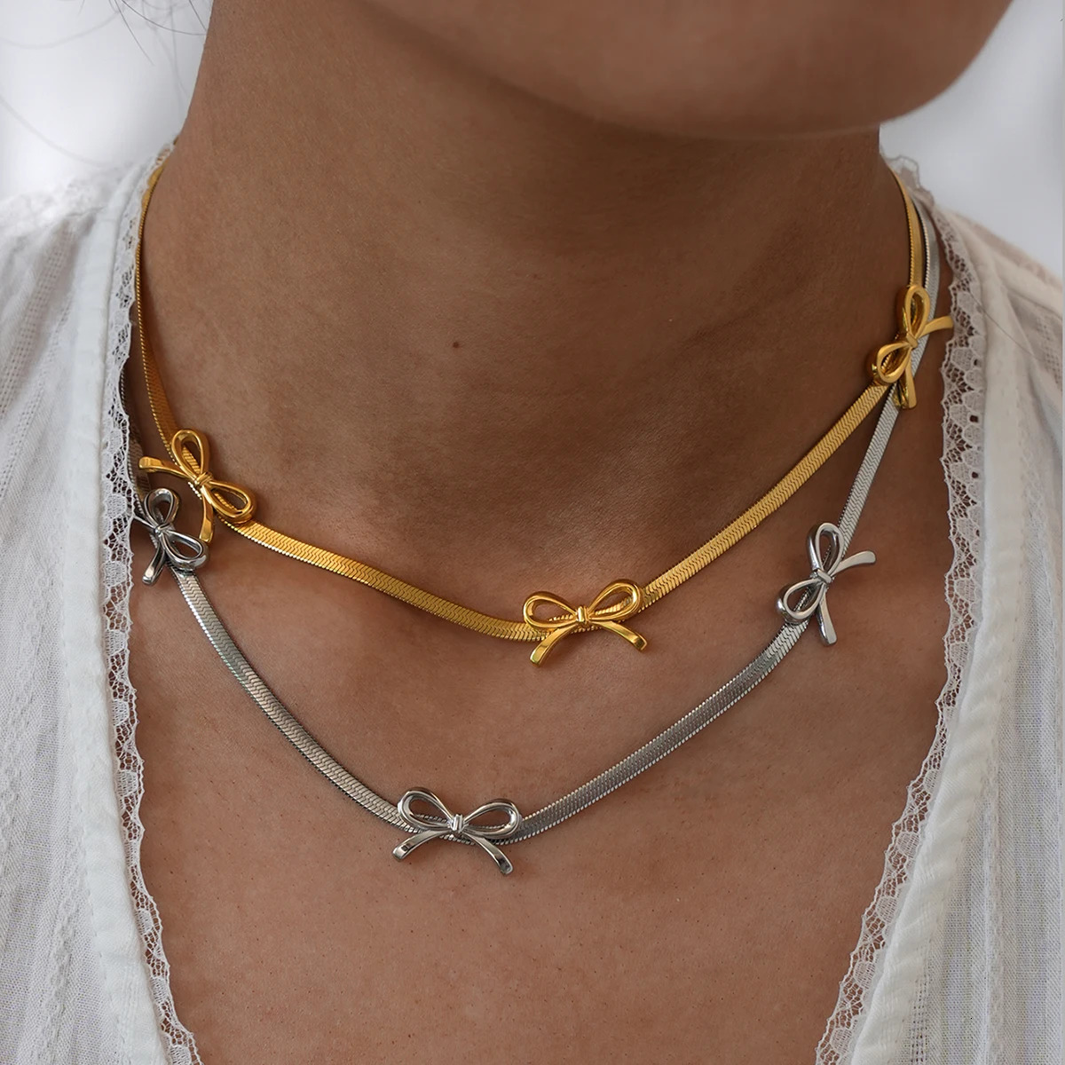 Exquisite Stainless Steel Blade Chain Bow n Necklace 18K Gold Plated Waterproof Jewelry For Women Jewelry Party Gifts 2025 251031