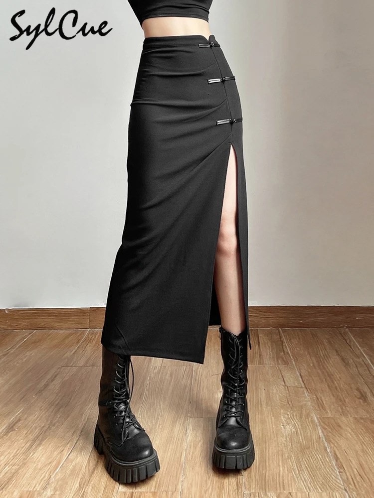 Nibber Black Sexy Split Simple Casual All-Match Street Outing Cool Mature Vitality Personality Trend Basic WomenS Skirt 250402