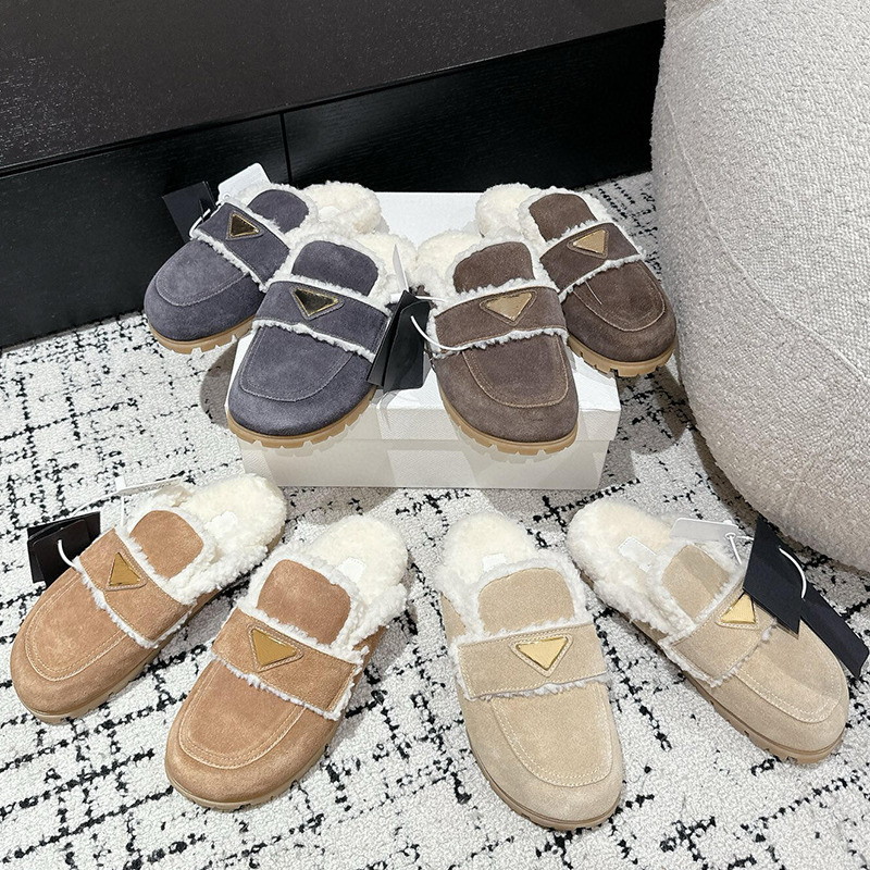 Designer Sandal Flat Comfort Clog Beige Suede Shearling Slipper Fur Slides Leather Platform Mule House Winter Women Size 35-41