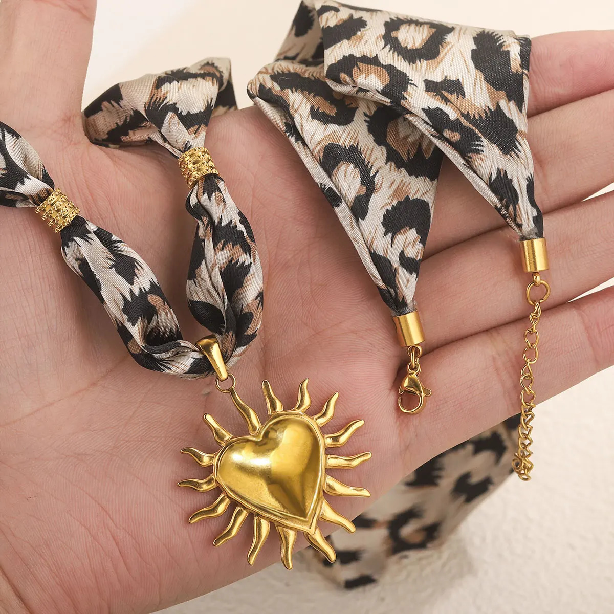 Aiovlo Leopard Ribbon Fashion Stainless Steel Necklace Sun Charm Gold Plated 18k for Womens Jewelry Accessories Party Gifts 251031