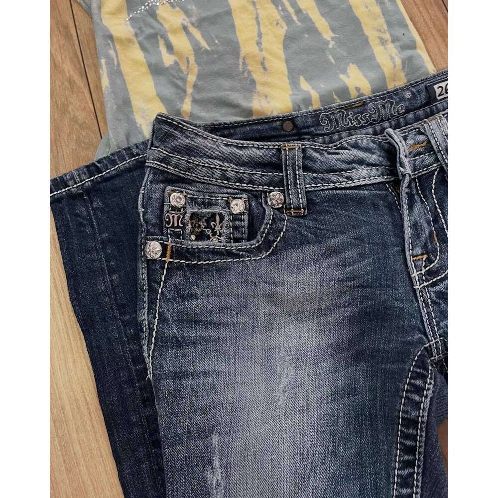 Retro Miss Me Boot Cut Female Y2k New Blue Jeans Embroidered Wing Pocket Hip Hop Haruku Gothic Wide Pants Street Wear