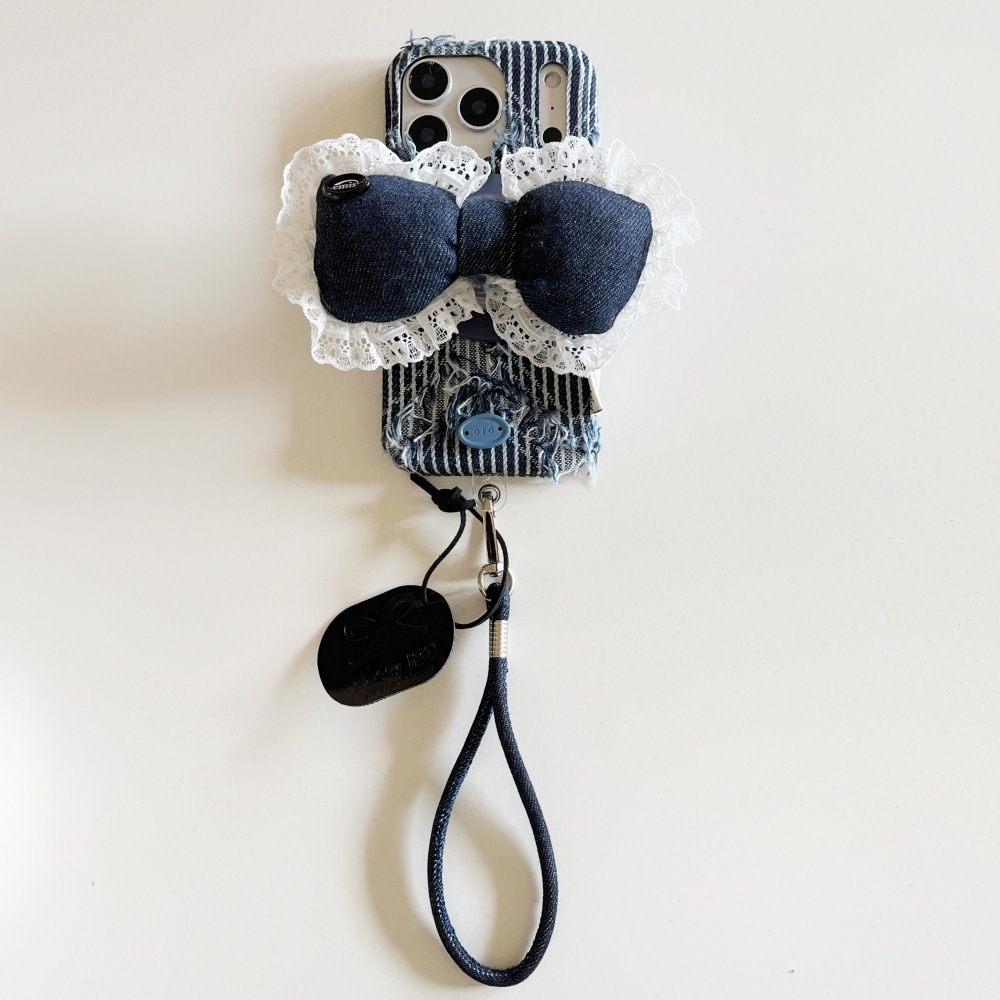 Denim Irregular Striped Bow Stand Phone Case Compatible with iPhone 17/16 Pro iPhone 15 Cartoon 14