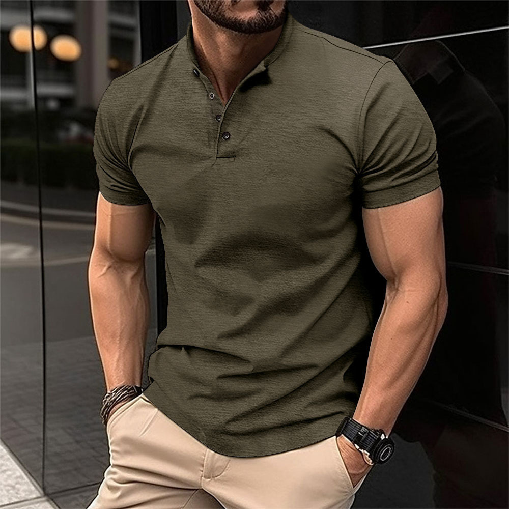 Mens digital printed solid color casual short sleeved pullover buckle T-shirt polo shirt top
